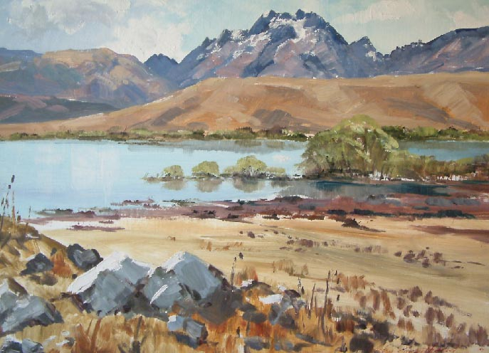 Signed New Zealand painting of Godley peaks from Lake McGregor by NZ artist Aston Greathead dated 1967